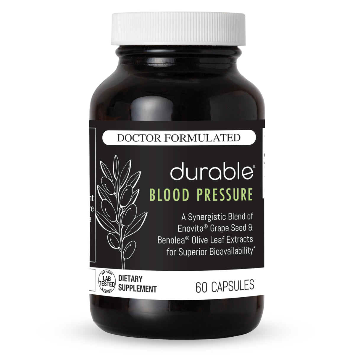 Durable Blood Pressure olive leaf bottle showing plant-based circulation support