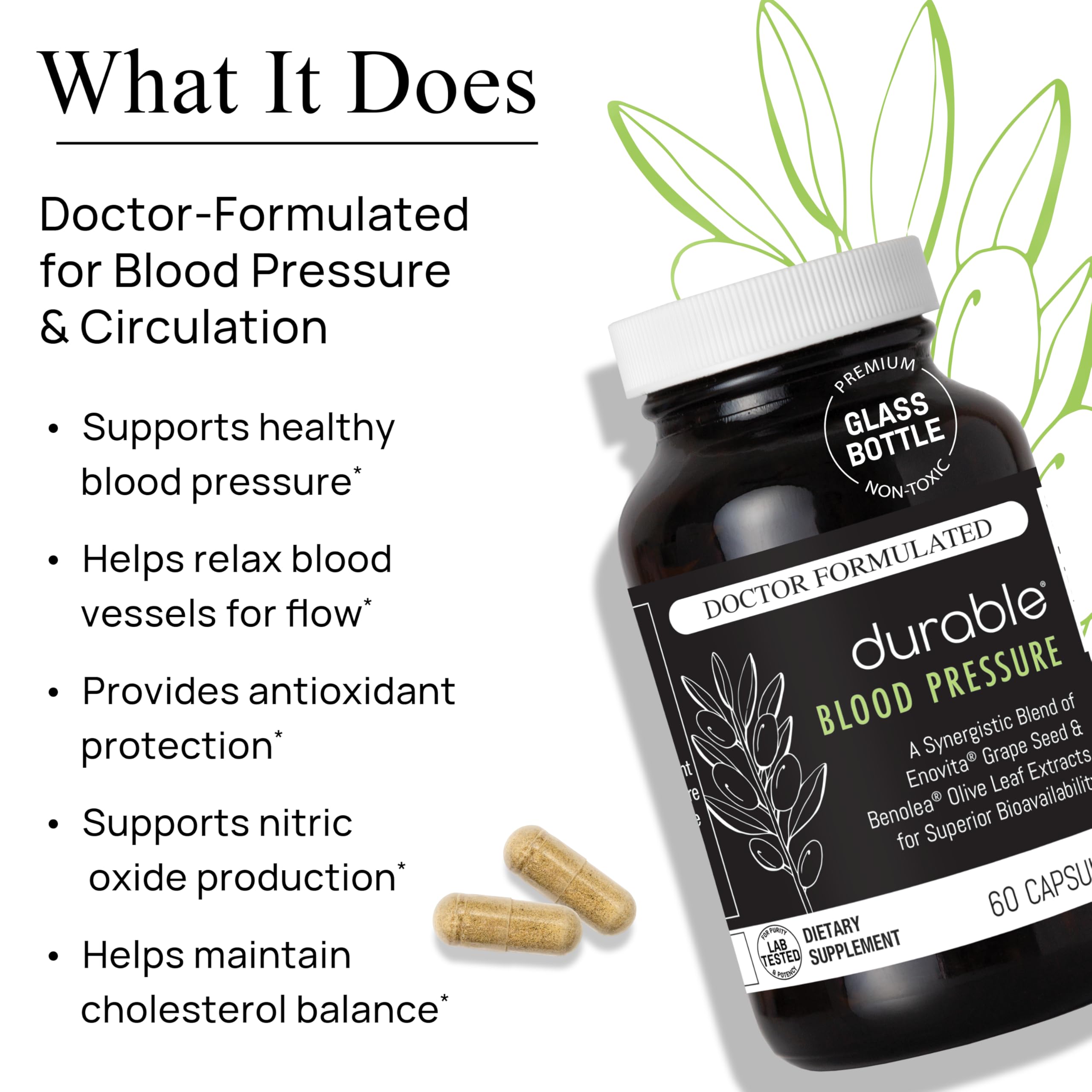 Durable olive leaf extract capsules highlighting polyphenols for circulatory wellness.