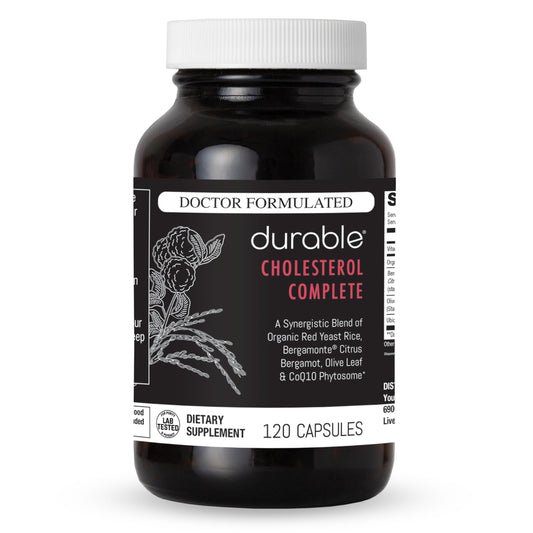 Durable Cholesterol Complete bottle with Bergamonte highlights citrus bergamot support for heart health.