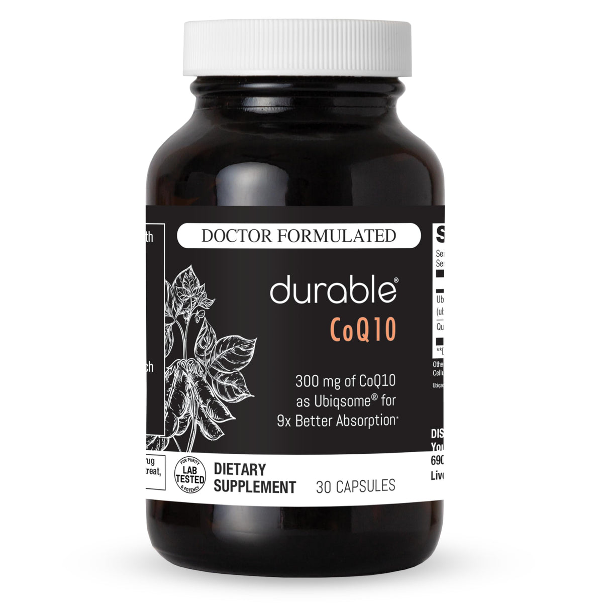 Durable CoQ10 bottle with capsules, highlighting 300 mg phytosome formula for enhanced absorption.