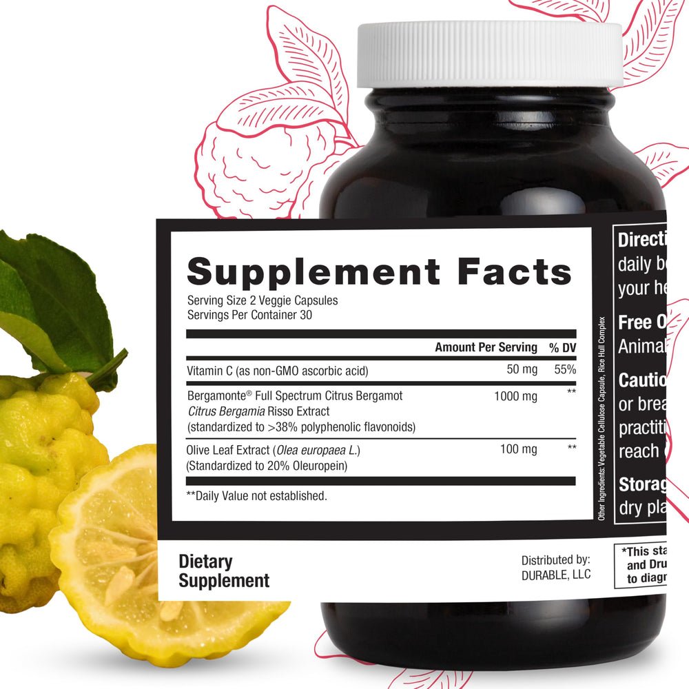 Durable Heart ingredient panel showing Italian bergamot and polyphenols.