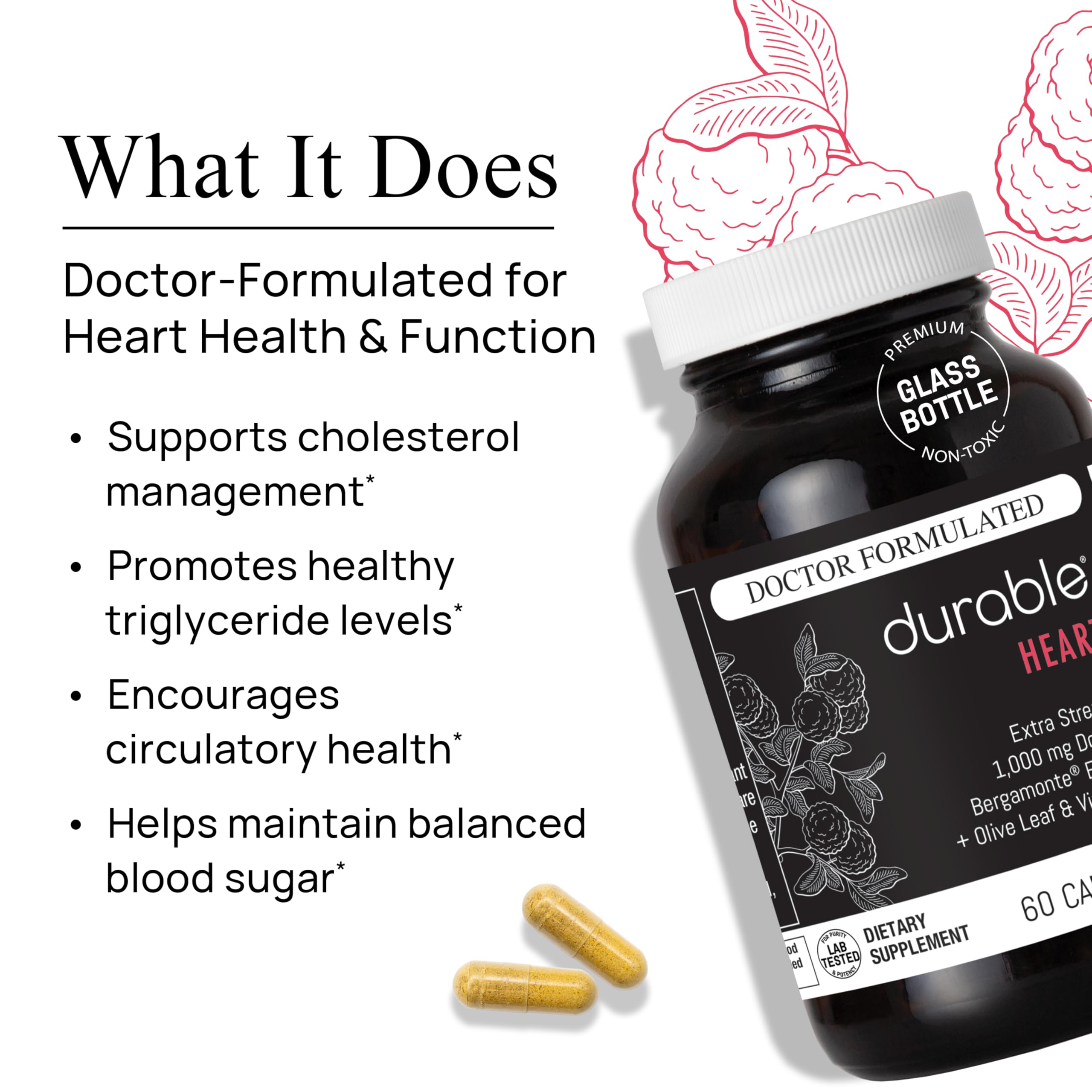 Durable Heart olive leaf extract capsule highlighting vascular and blood flow support.
