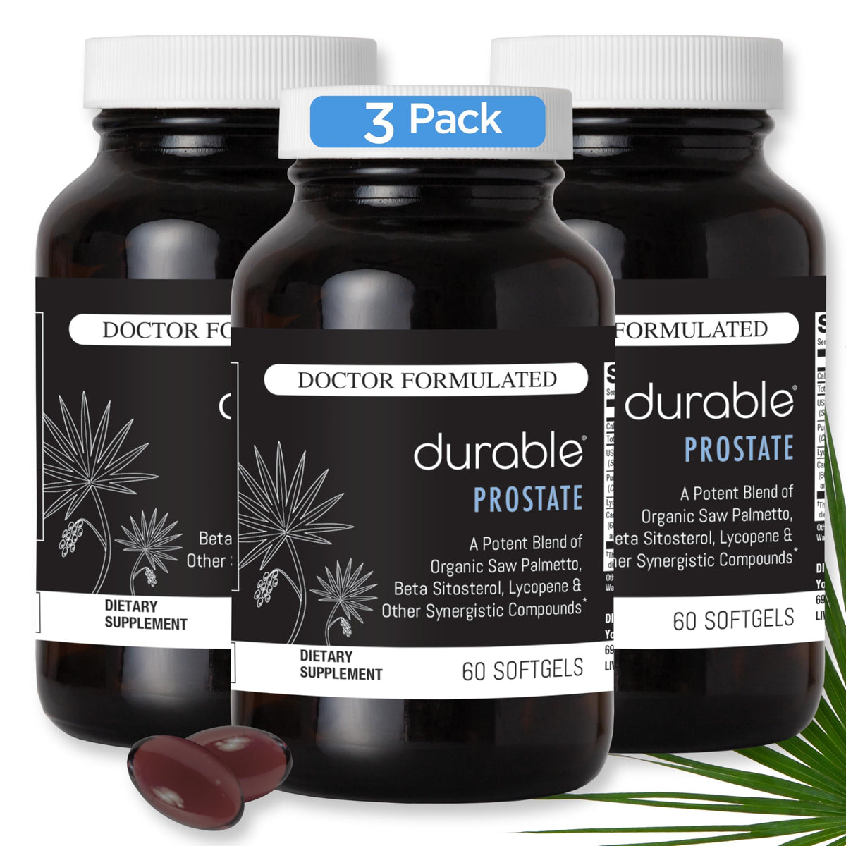 Durable Prostate bottle with USPlus saw palmetto for urinary support.