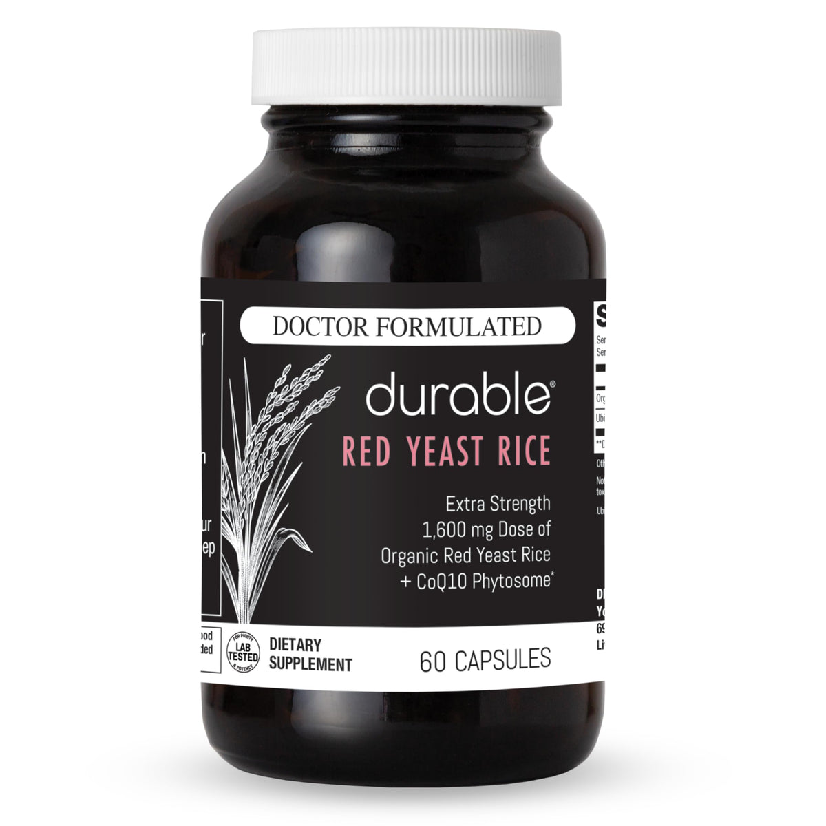 Durable RED Yeast Rice bottle shows a 1,600 mg dose for daily heart health support
