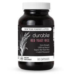 Durable RED Yeast Rice bottle shows a 1,600 mg dose for daily heart health support