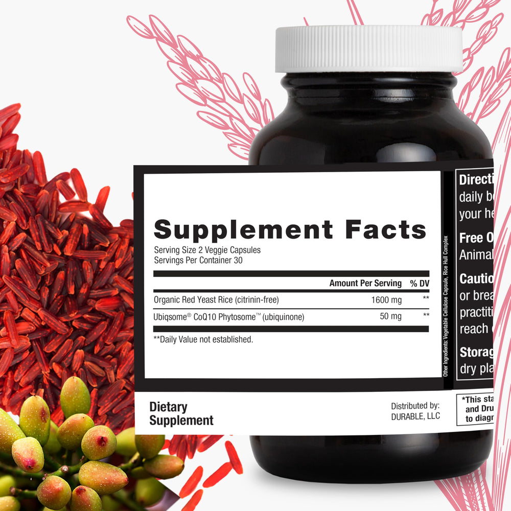 Durable RED Yeast Rice bottle closeup emphasizing modern packaging
