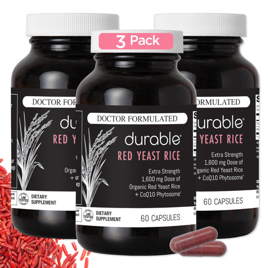 Durable Red Yeast Rice bottle front showing organic formula for heart support