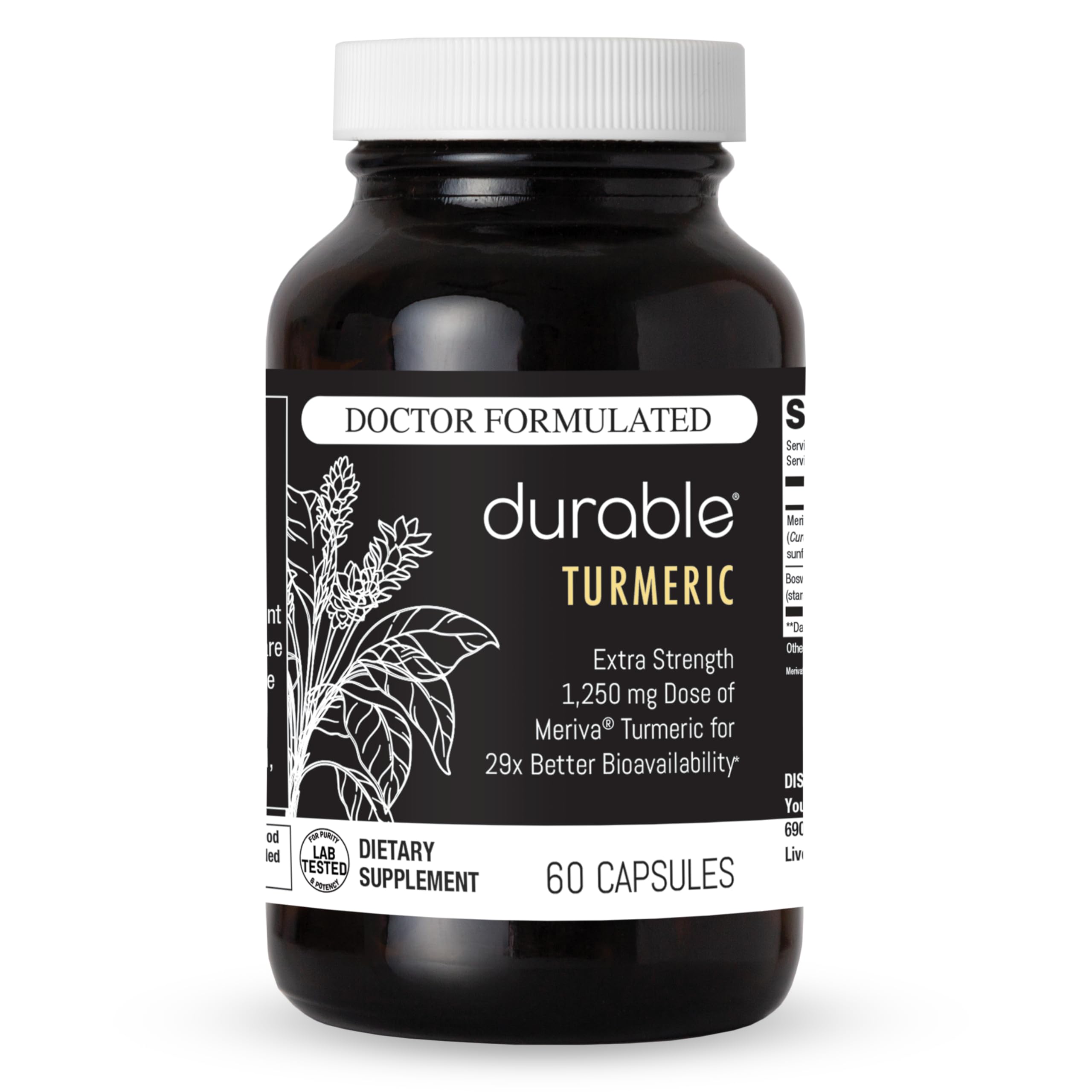 Durable Turmeric Meriva Curcumin bottle showing enhanced absorption for joints.