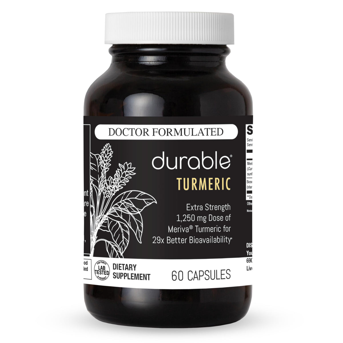 Durable Turmeric Meriva Curcumin bottle showing enhanced absorption for joints.
