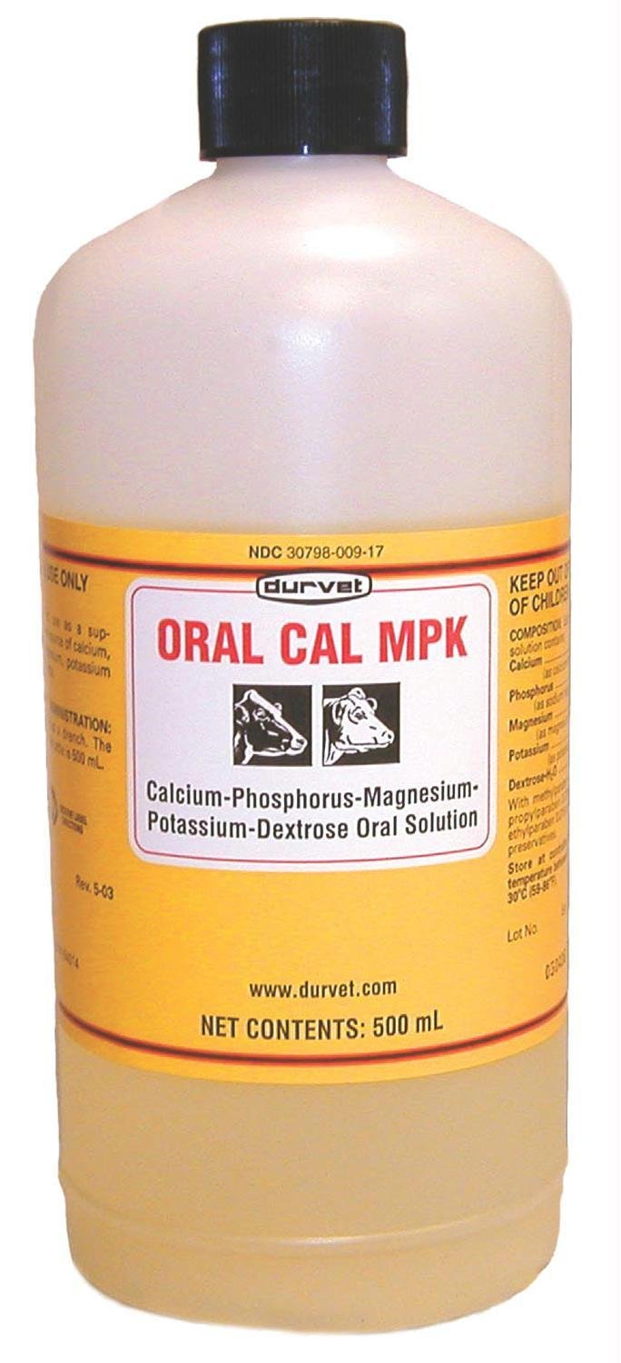 Durvet Oral Cal Mpk 500 mL bottle for pets, convenient calcium support.