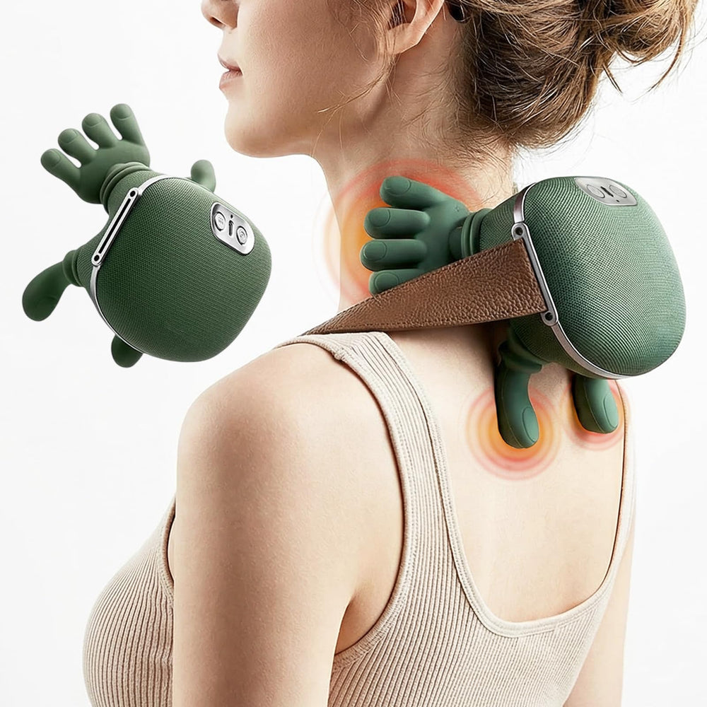 DUUOO bionic hand neck massager close-up shows real kneading fingers for neck tension relief.