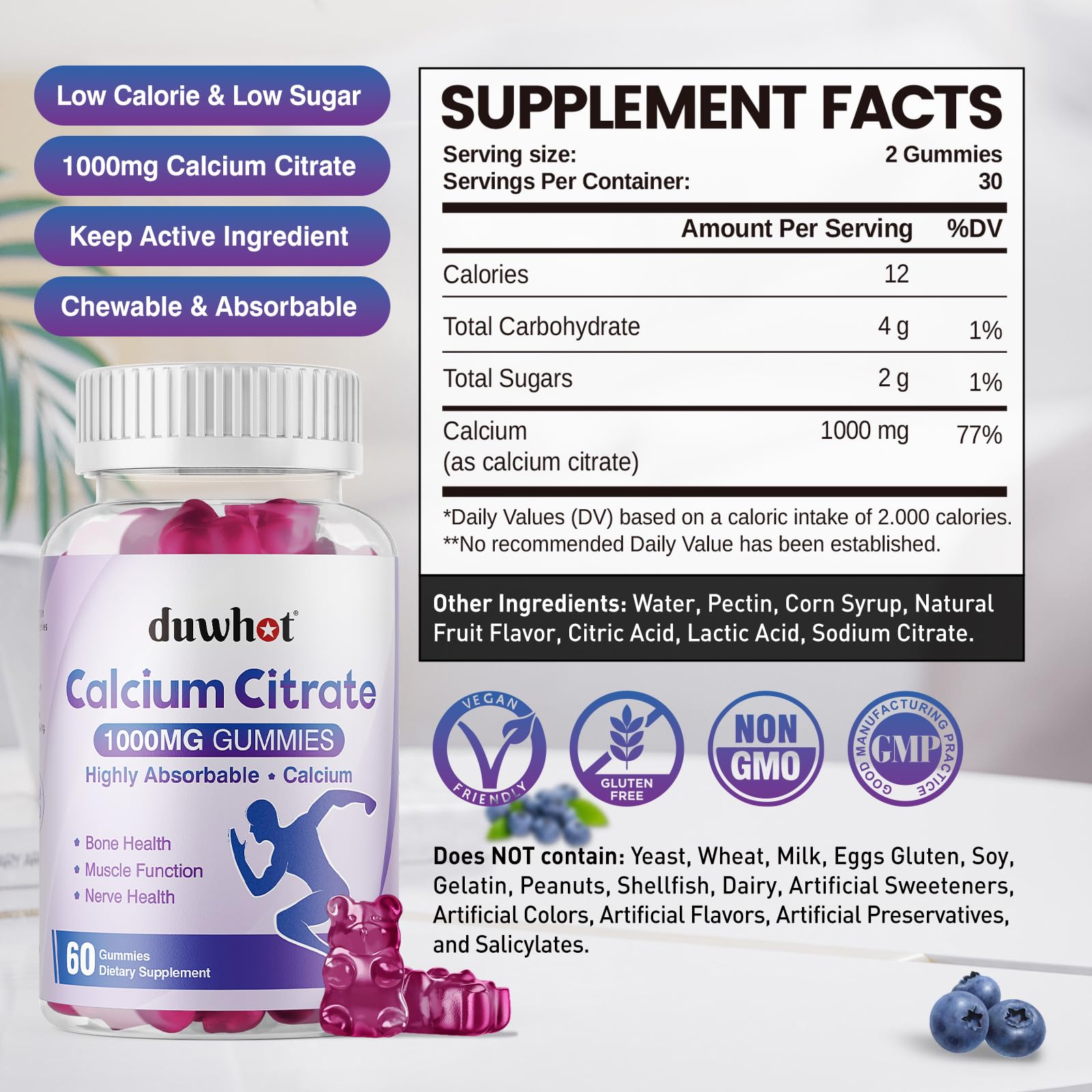 Duwhot Calcium Citrate Gummies bottle open shows convenient daily blueberry chews