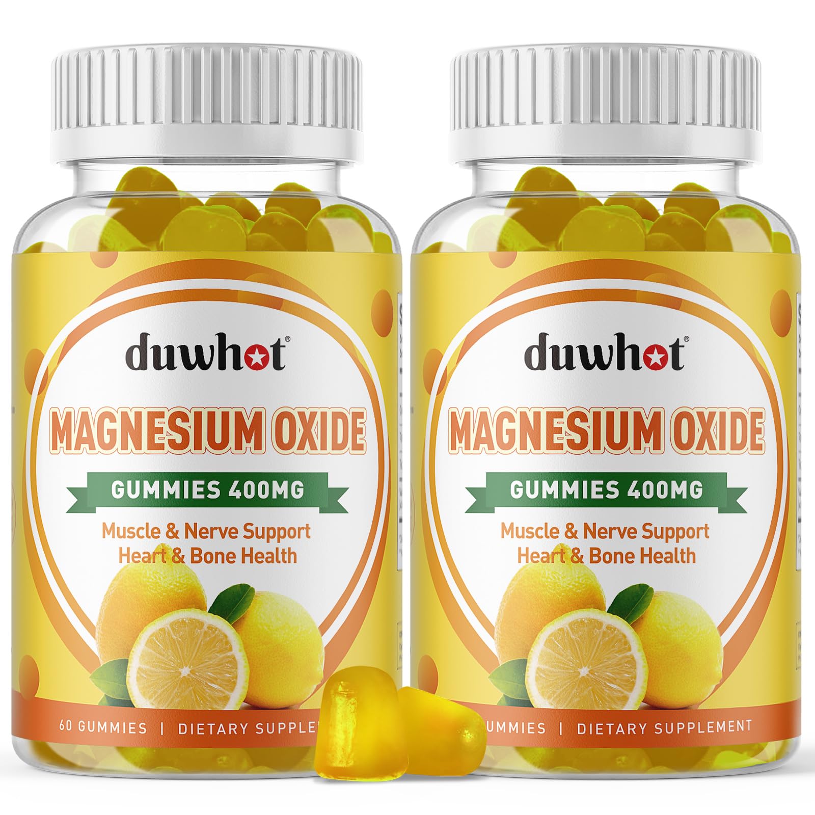 Duwhot magnesium oxide gummies bottle shows 400mg strength for daily wellness.