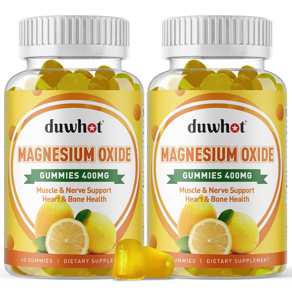 Duwhot magnesium oxide gummies bottle shows 400mg strength for daily wellness.