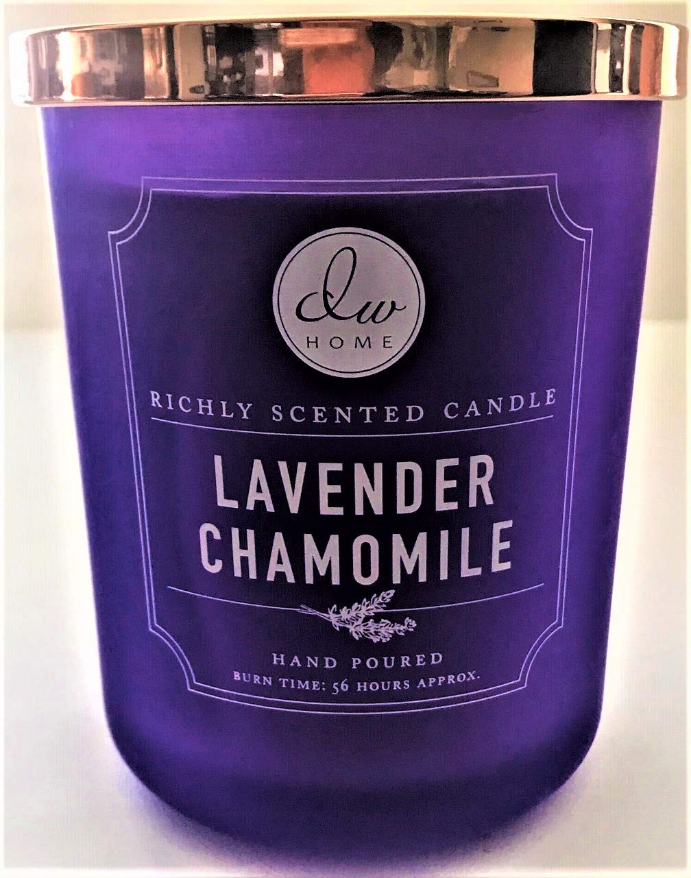 DW Home lavender chamomile candle, 2-wick design, delivers even scent and cozy atmosphere.
