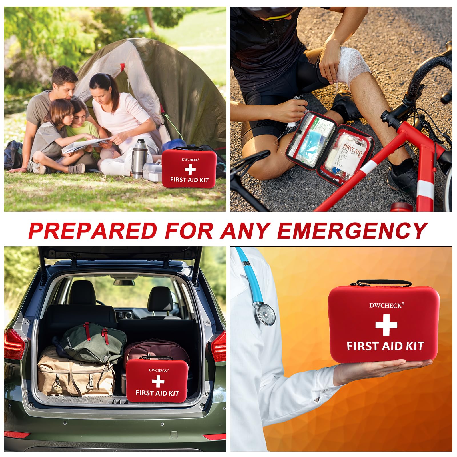 DWCHECK first aid kit versatile for home, office, car, or outdoor activities.
