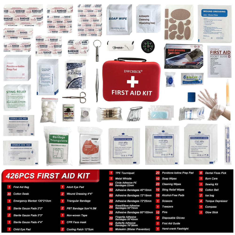 DWCHECK first aid kit open compartments showcase organized layout for quick access.
