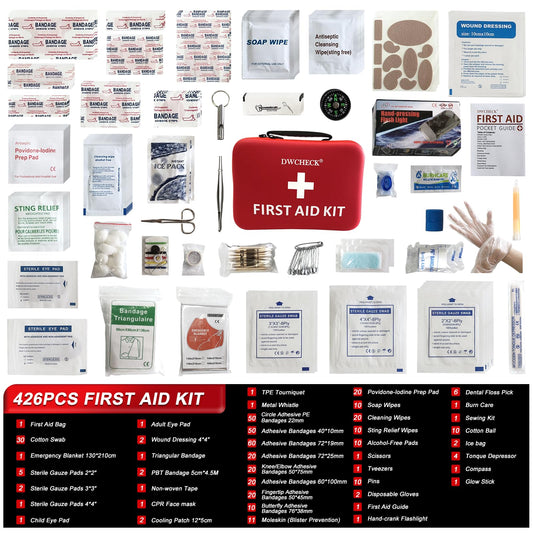 DWCHECK first aid kit open compartments showcase organized layout for quick access.