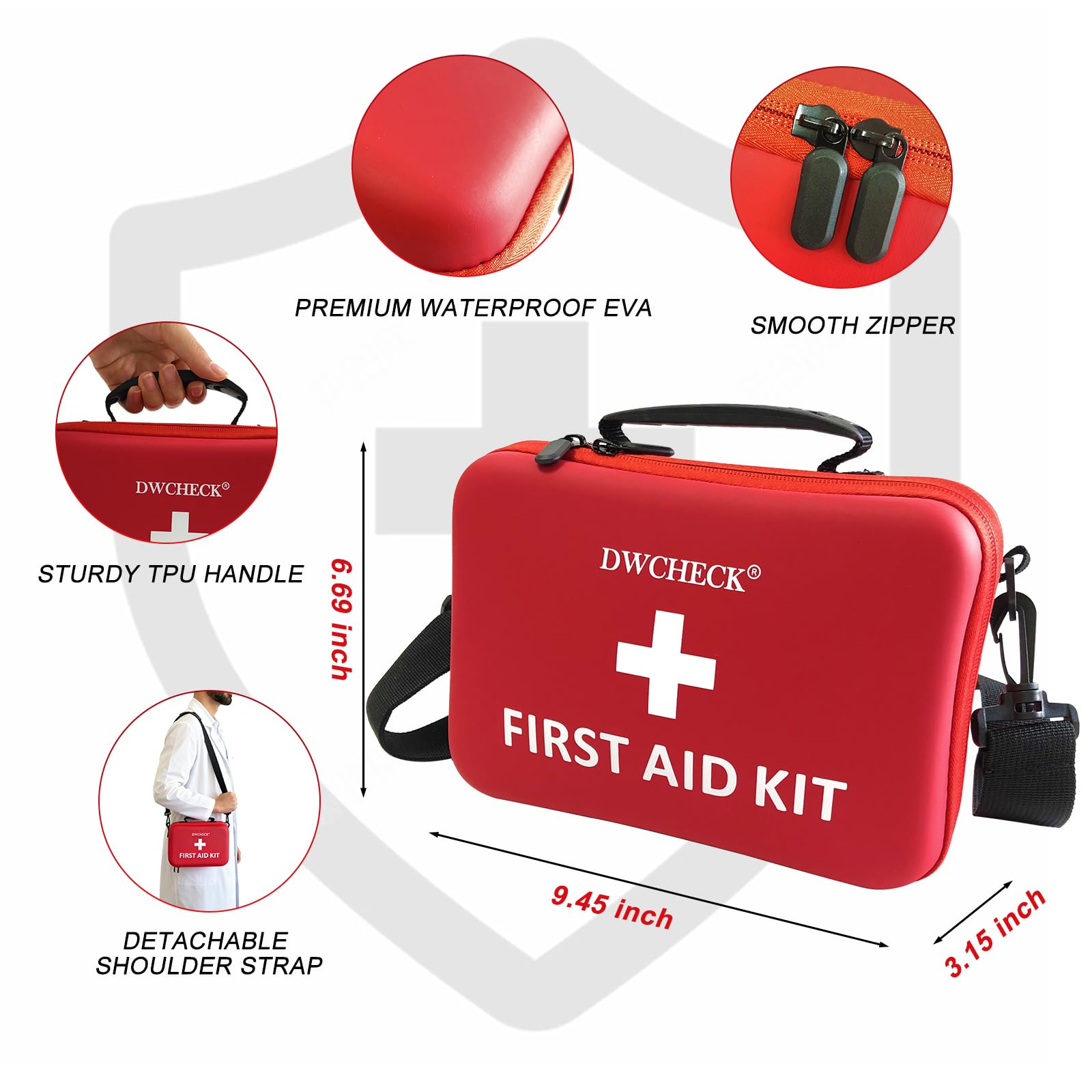 DWCHECK first aid kit removable shoulder strap enables easy transport outdoors.