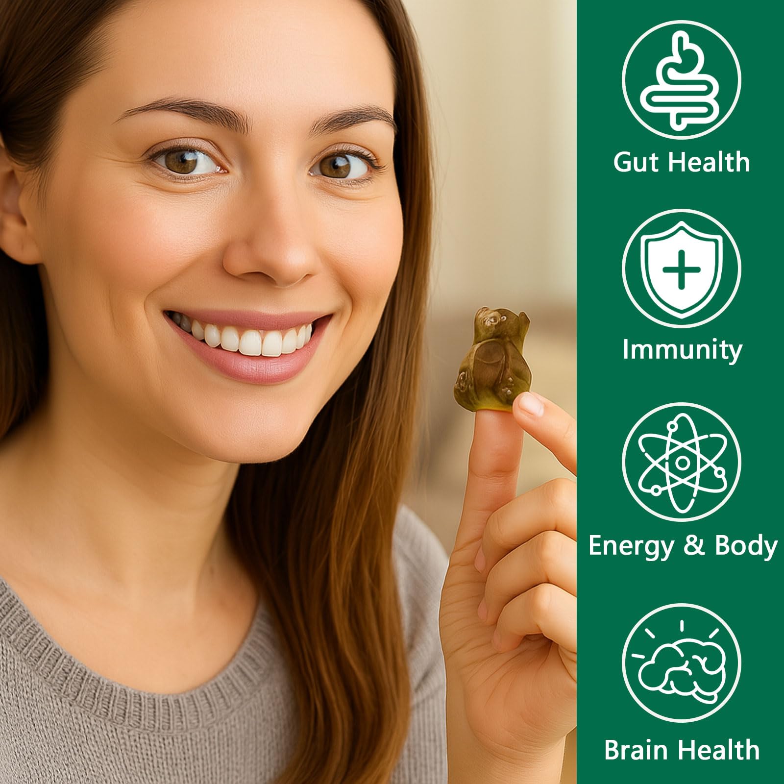 DYDUON Greens Gummies close-up texture—soft gummy texture with vibrant greens.
