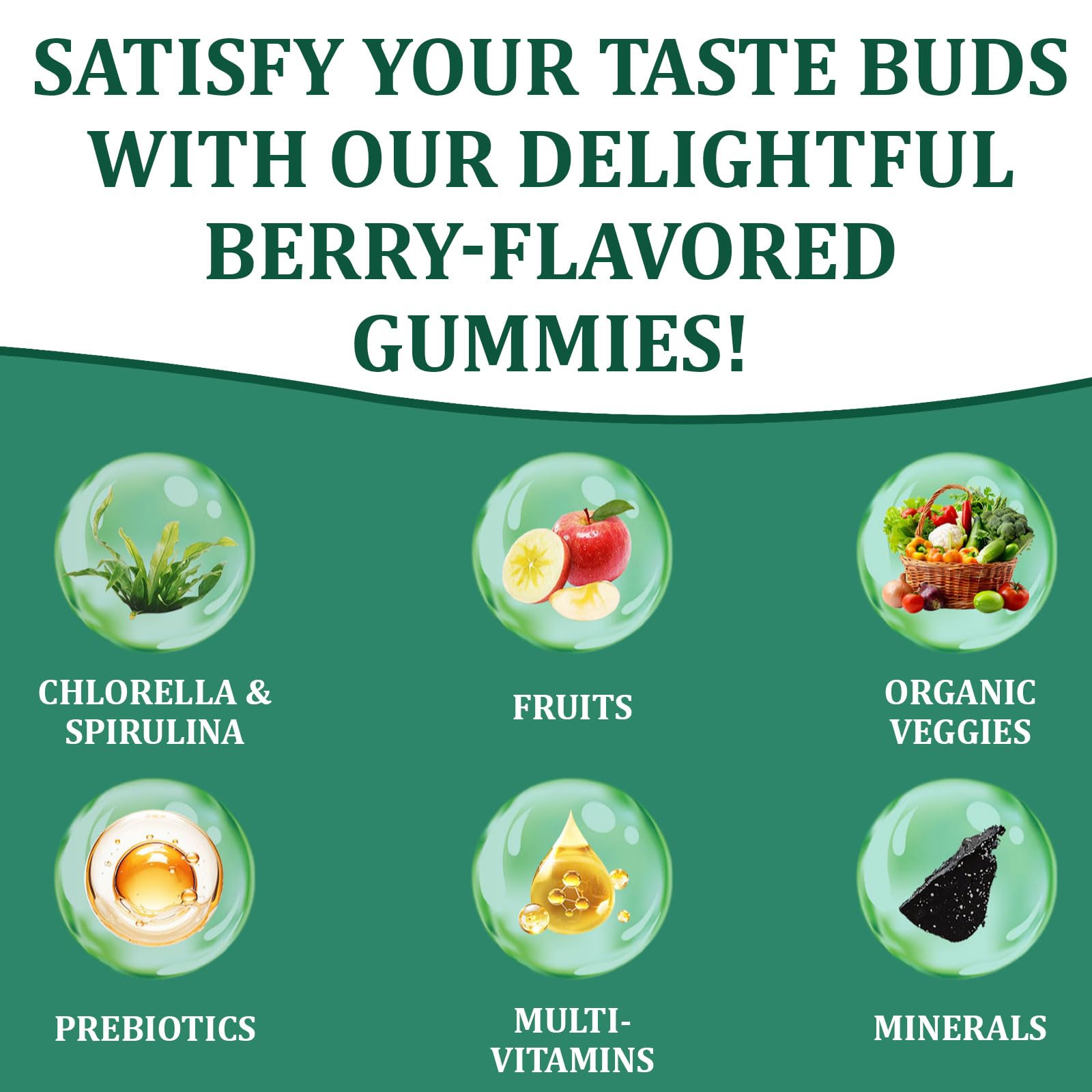 DYDUON Greens Gummies green ingredients—organic chlorella and spirulina for greens.
