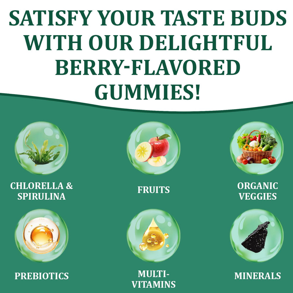 DYDUON Greens Gummies green ingredients—organic chlorella and spirulina for greens.