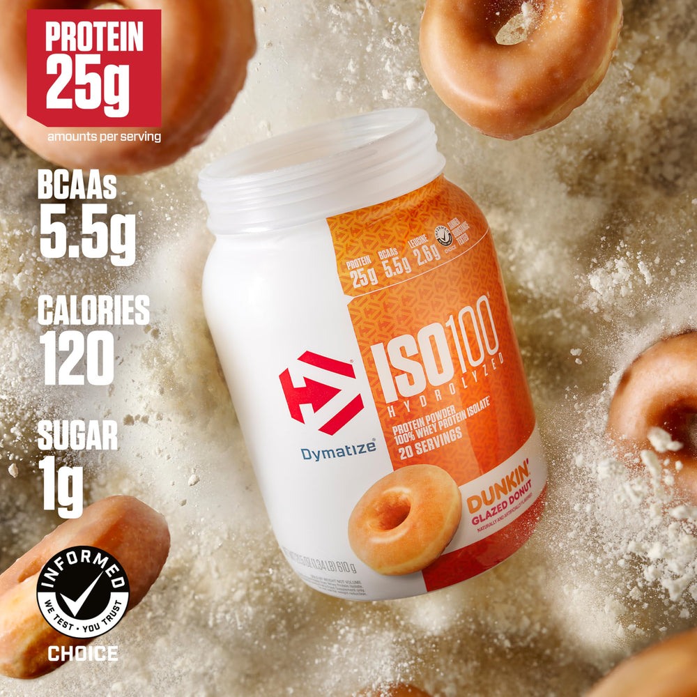Dymatize ISO100 serving scoop demonstrates easy protein boosts added to oats or smoothies.