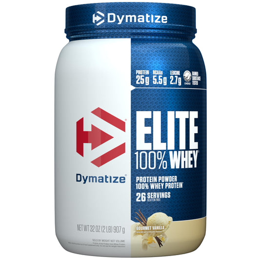 Dymatize Elite 100% Whey vanilla canister ready for daily protein goals.