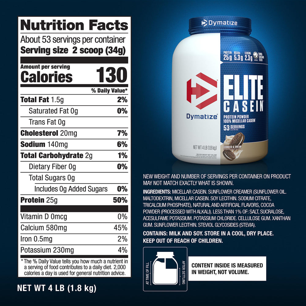 Dymatize Elite Casein label shows 5 g BCAAs per serving for support.