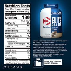 Dymatize Elite Casein label shows 5 g BCAAs per serving for support.