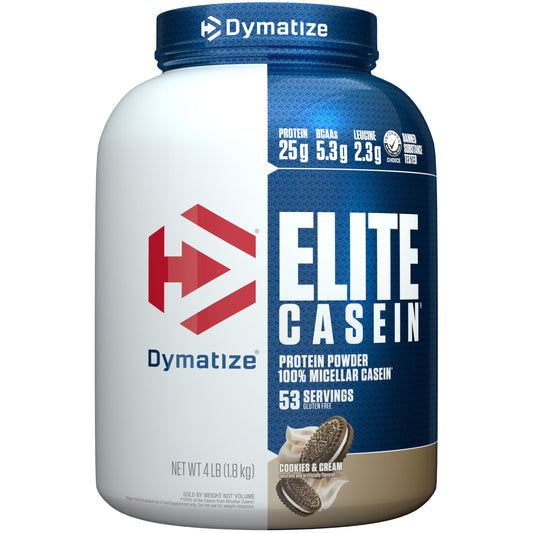 Dymatize Elite Casein Cookies & Cream tub for overnight recovery.