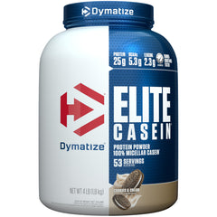 Dymatize Elite Casein Cookies & Cream tub for overnight recovery.