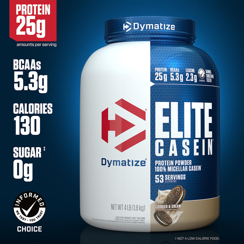 Dymatize Elite Casein slow-digesting powder with scoop for steady release.