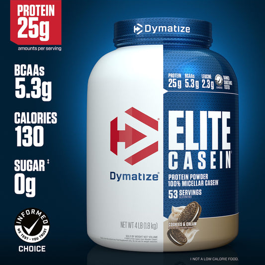 Dymatize Elite Casein slow-digesting powder with scoop for steady release.