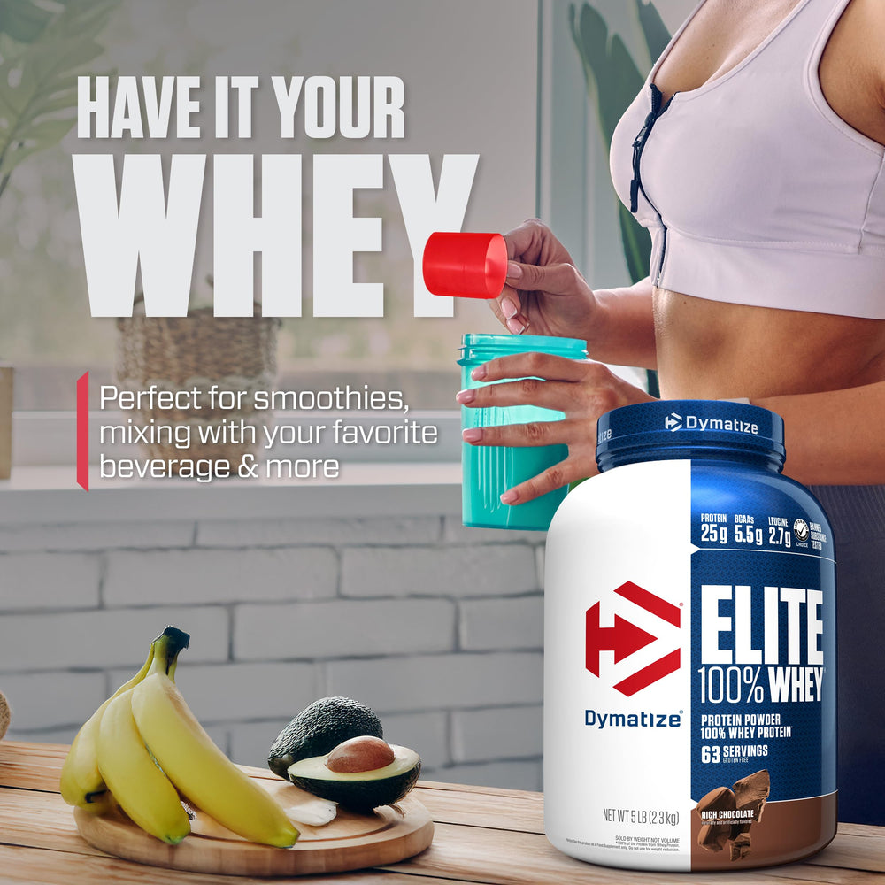 Dymatize Elite whey 5lb packaging highlights value and servings