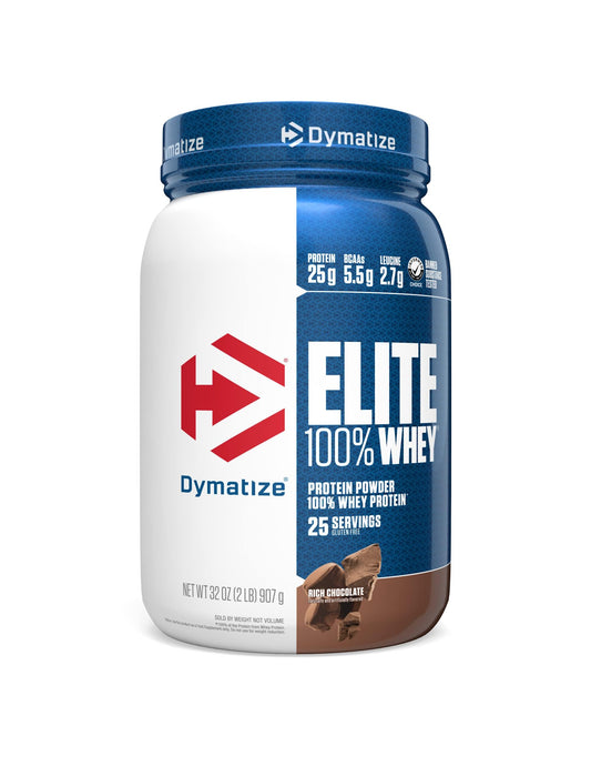 Dymatize Elite Whey Chocolate tub shows premium protein blend for muscle support.