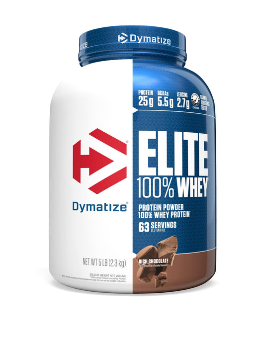 Dymatize Elite whey powder jar shows premium protein for steady post-workout fueling
