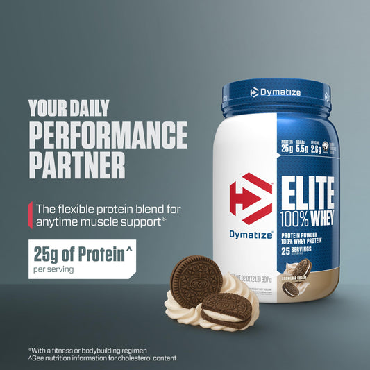 Dymatize Elite Whey scoop dispensing for quick pre- or post-workout shakes.