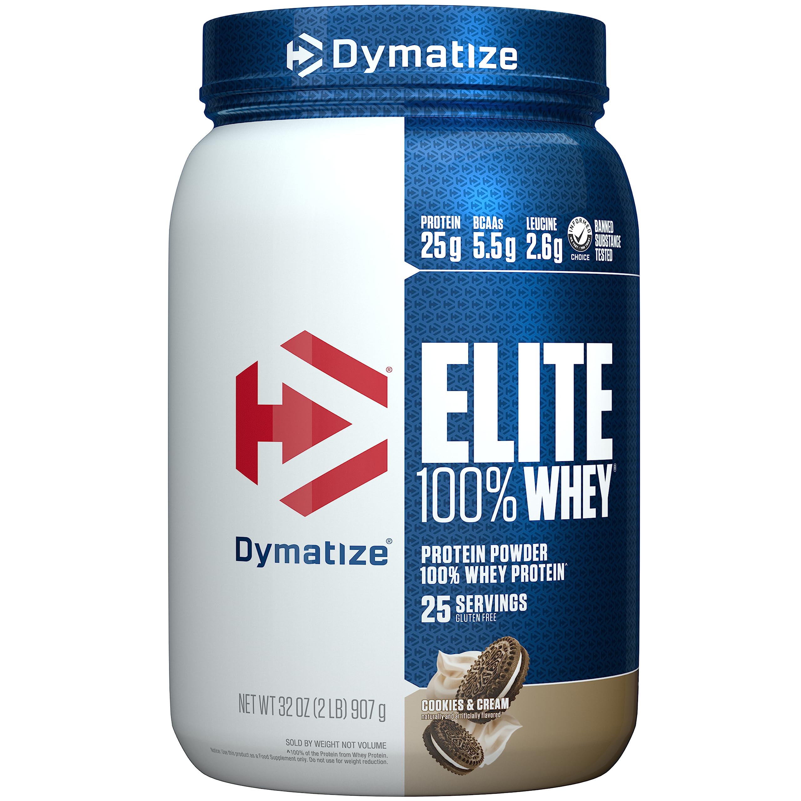 Dymatize Elite Whey Cookies & Cream tub front view highlighting protein quality.