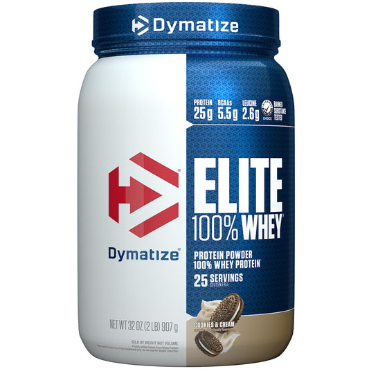 Dymatize Elite Whey Cookies & Cream tub front view highlighting protein quality.