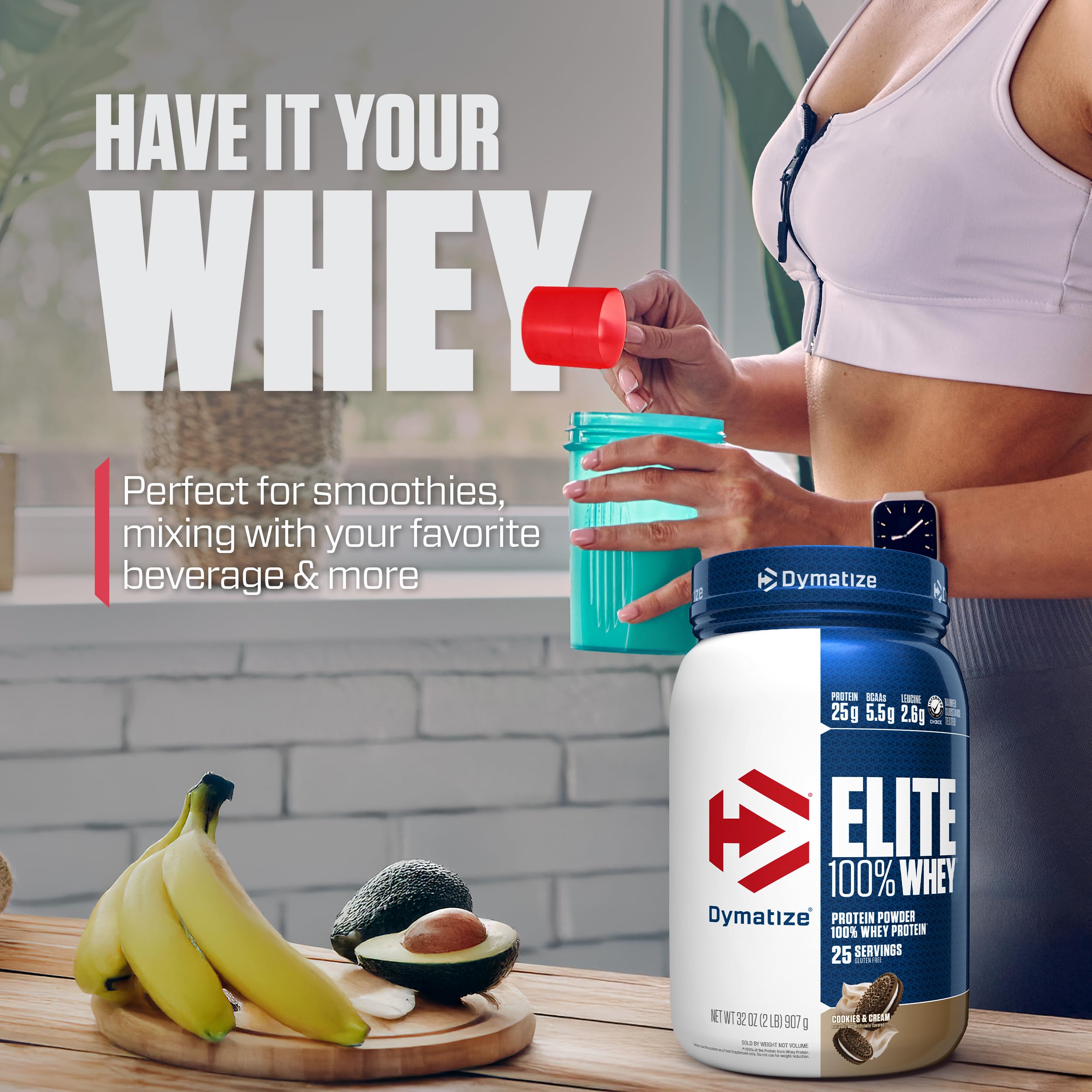 Dymatize Elite Whey tub open with spoon ready to mix.