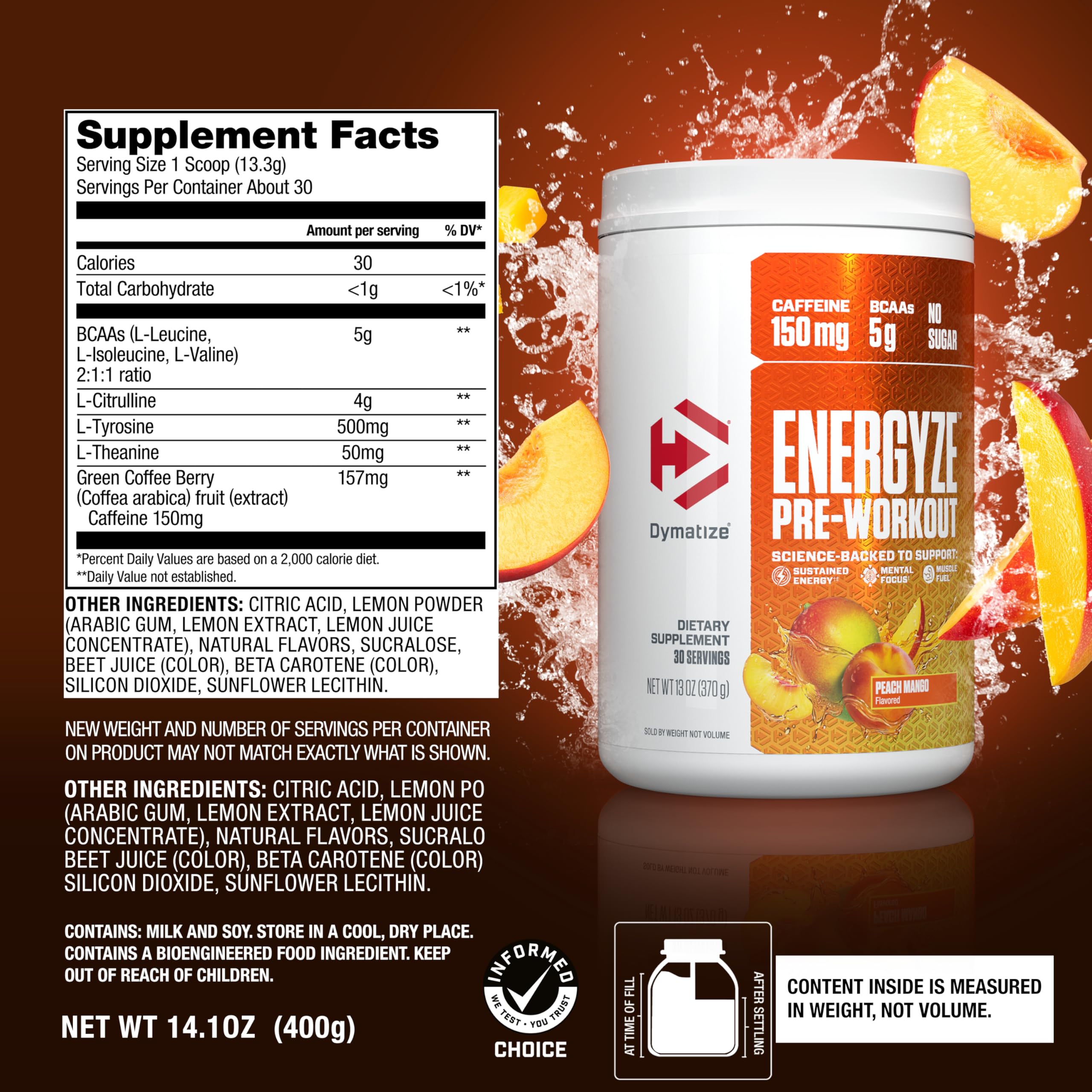 Dymatize Energyze blend image highlights no sugar and balanced focus.