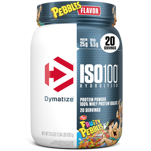 Dymatize ISO100 Fruity Pebbles bottle showing fast-absorbing protein for post-workout recovery