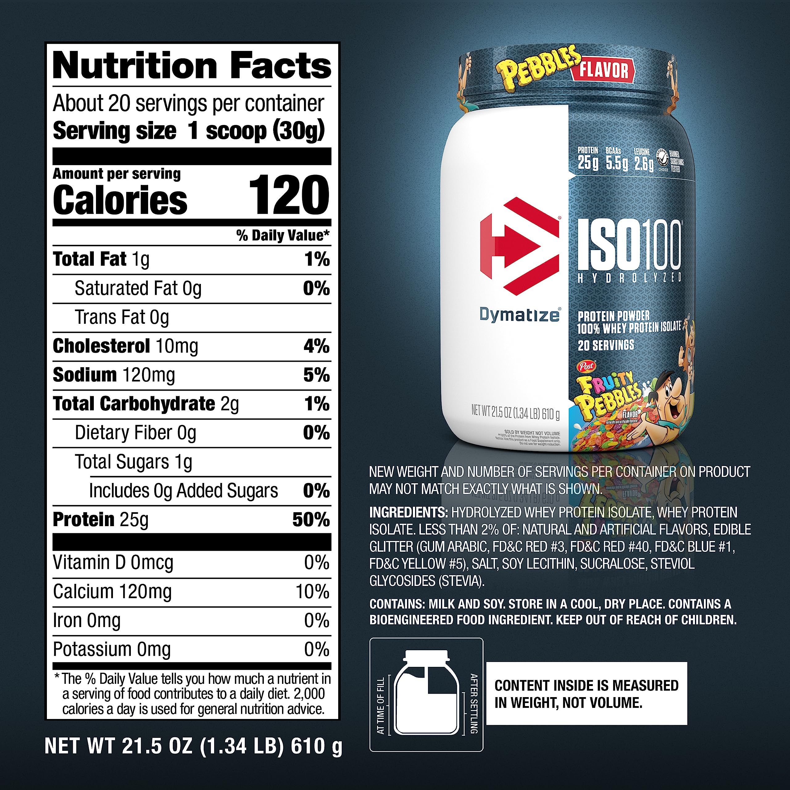 Dymatize ISO100 Fruity Pebbles nutrition label revealing clear macro profile