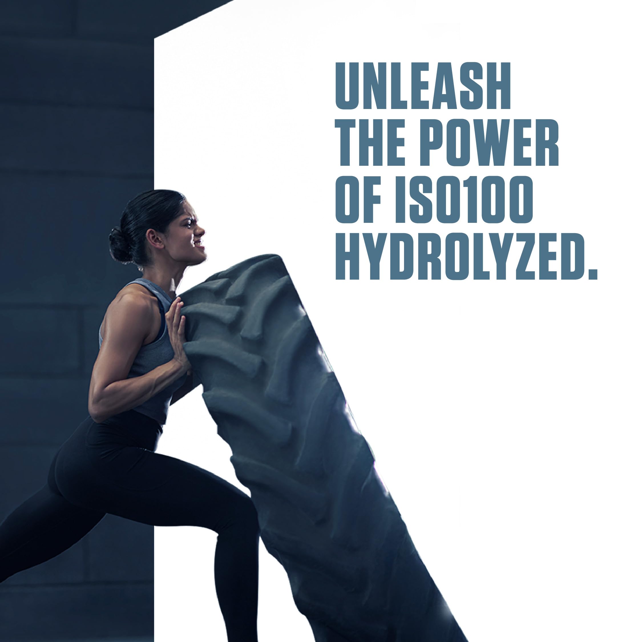 Dymatize ISO100 gluten-free packaging highlighting clean macros.