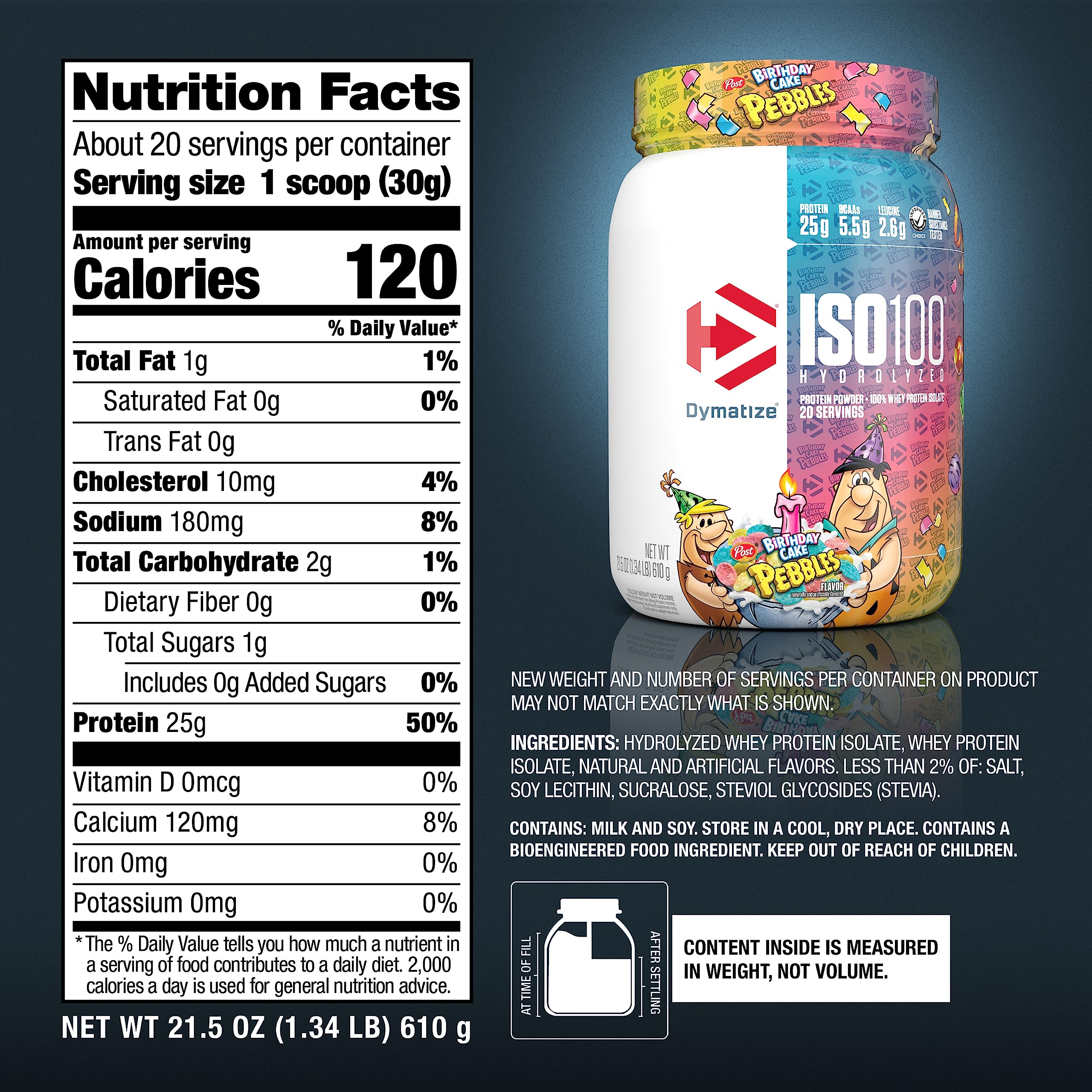 Dymatize ISO100 Birthday Cake Pebbles bottle emphasizes 20 servings for ongoing consistency