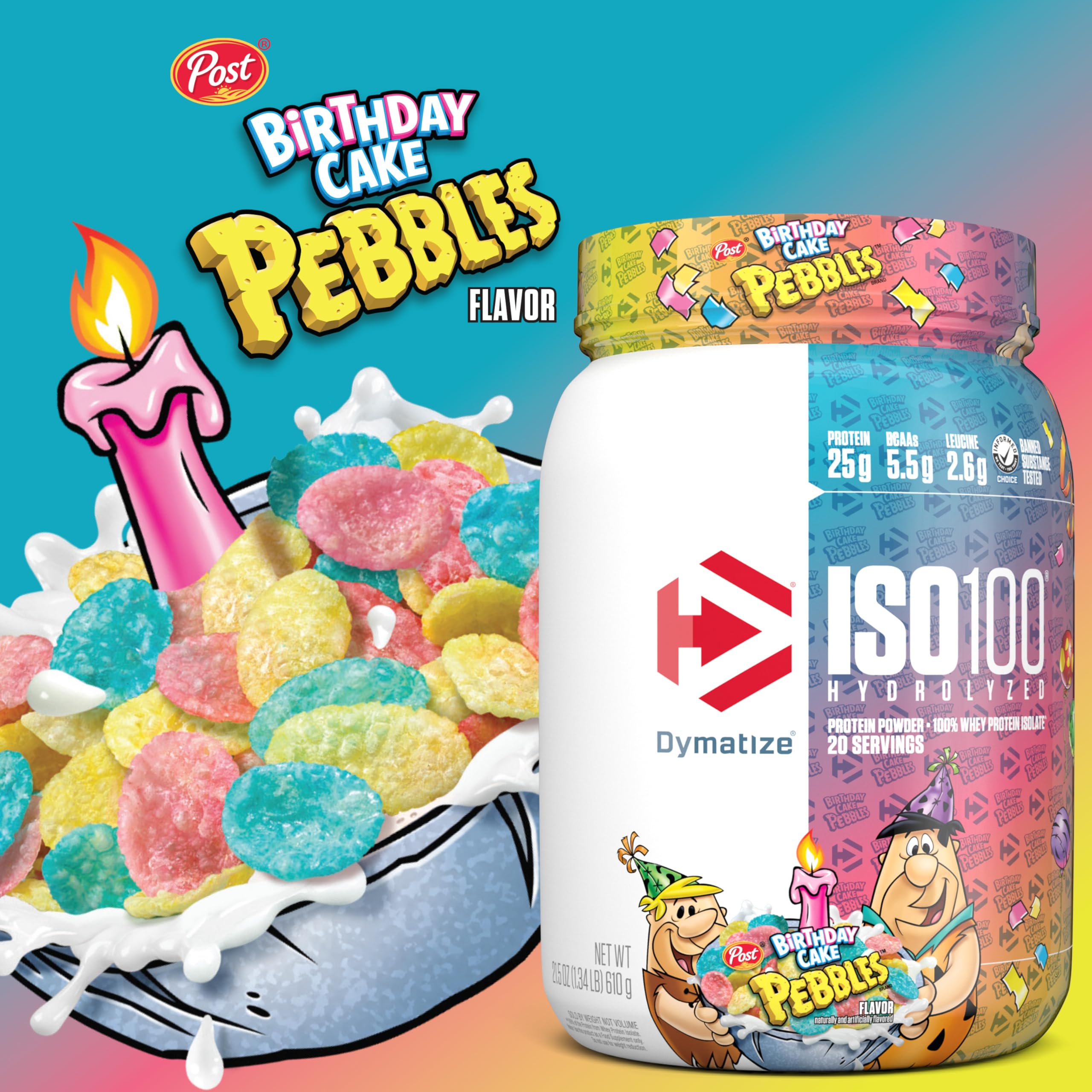 Dymatize ISO100 Birthday Cake Pebbles shake demonstrates a lean, gluten-free option