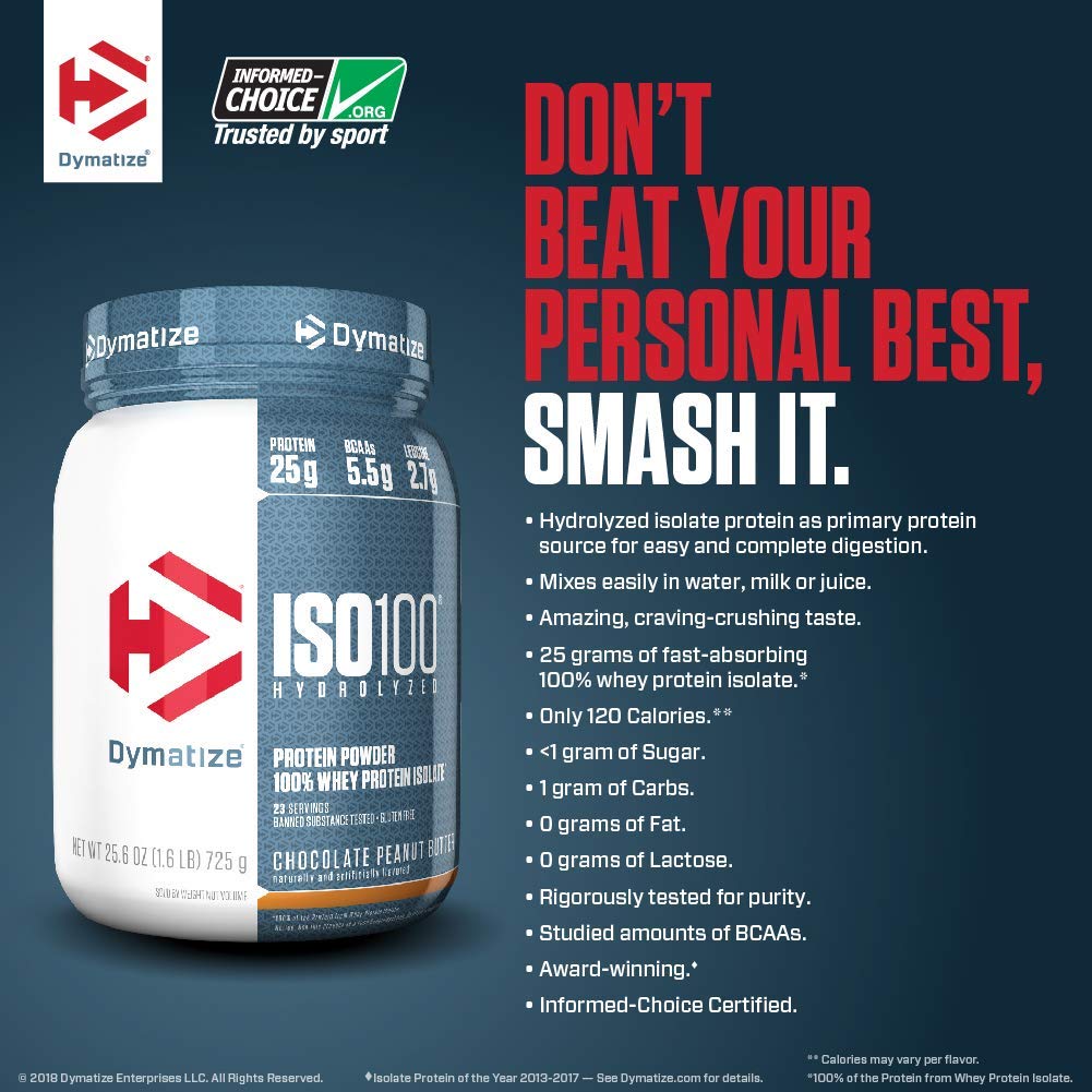Dymatize ISO100 certification logos indicating trusted sports supplement.