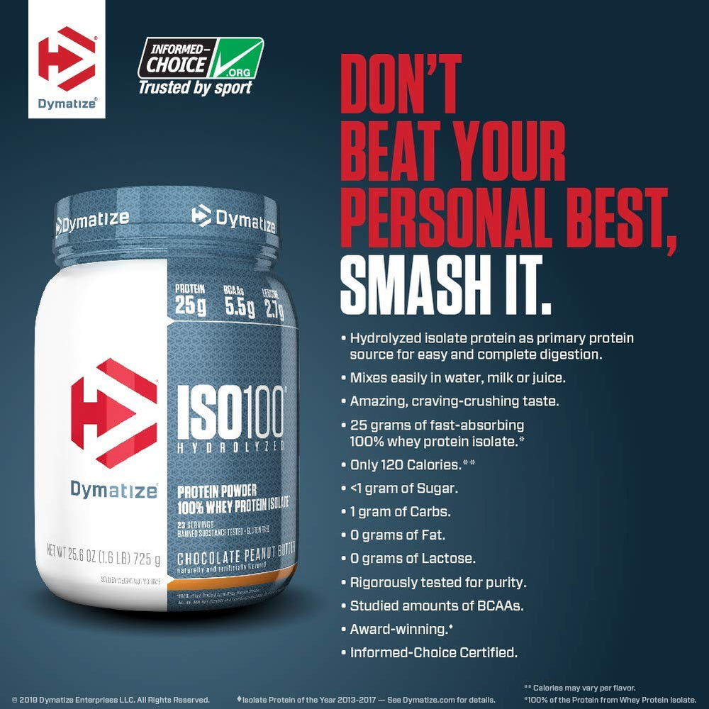 Dymatize ISO100 certification logos indicating trusted sports supplement.