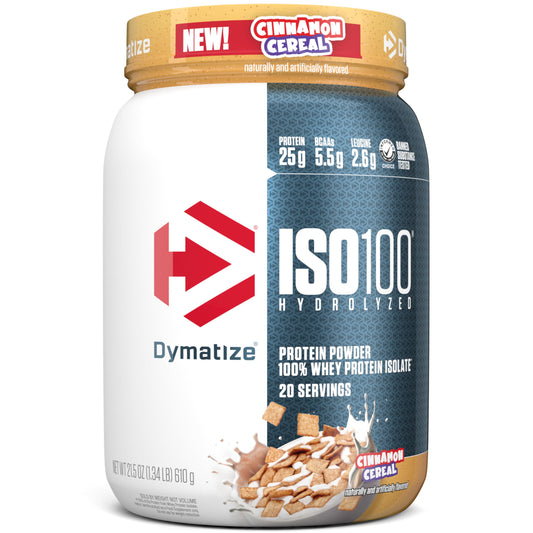 Dymatize ISO100 Cinnamon Cereal bottle for quick protein intake after workouts